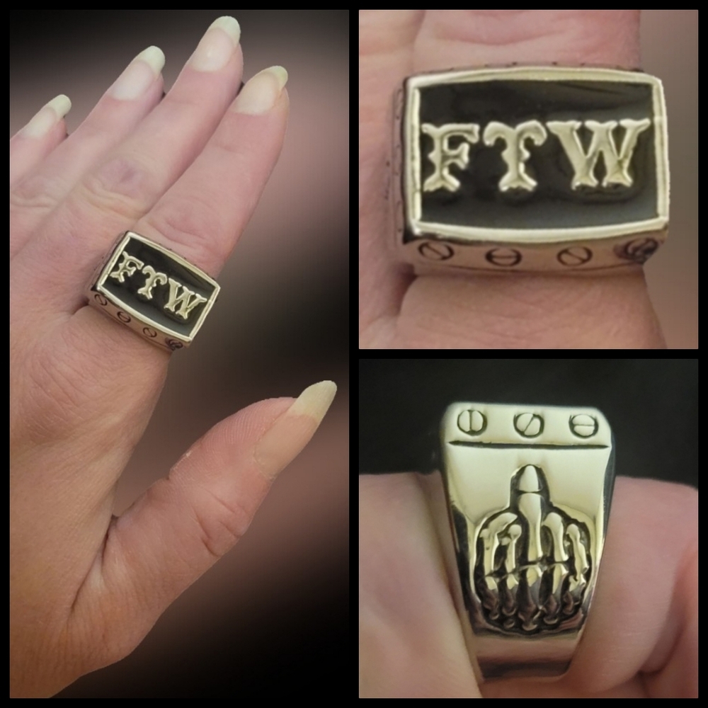 Blk FTW skeleton middle finger stainless steel unisex biker gothic ring 7 NWOT